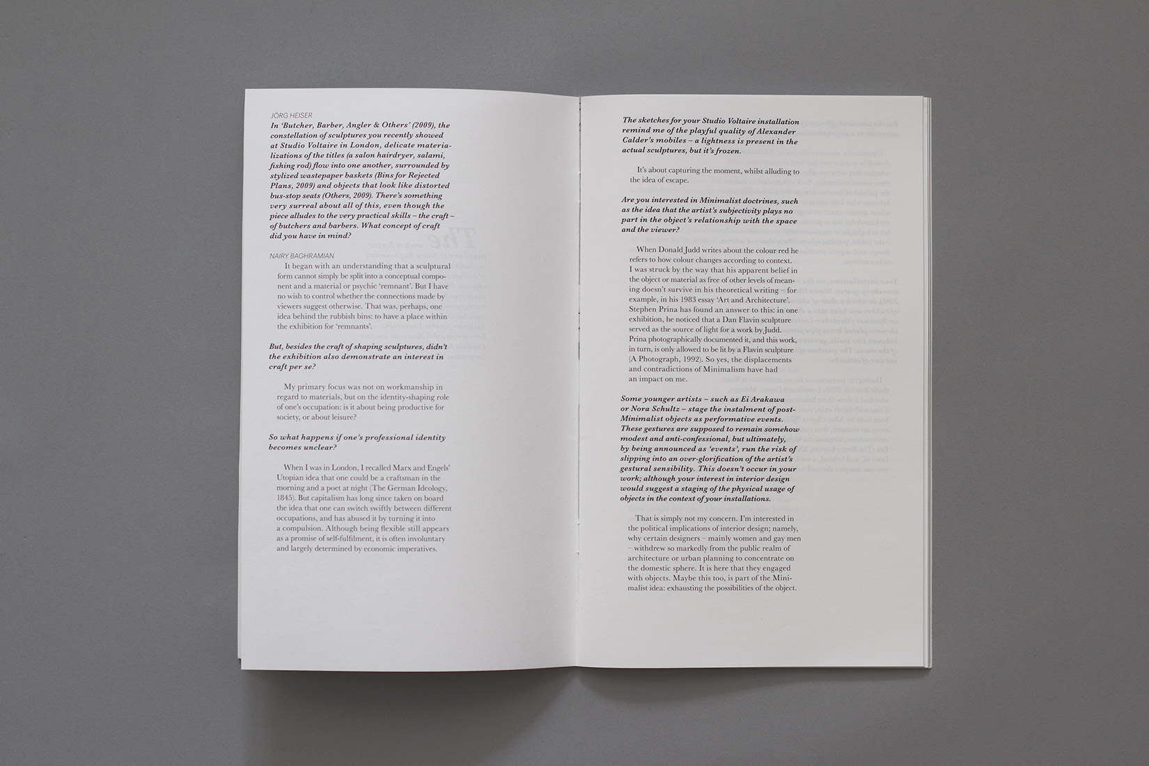 Mise en page, interview, livre d'artiste, Nairy Baghramian, typographie