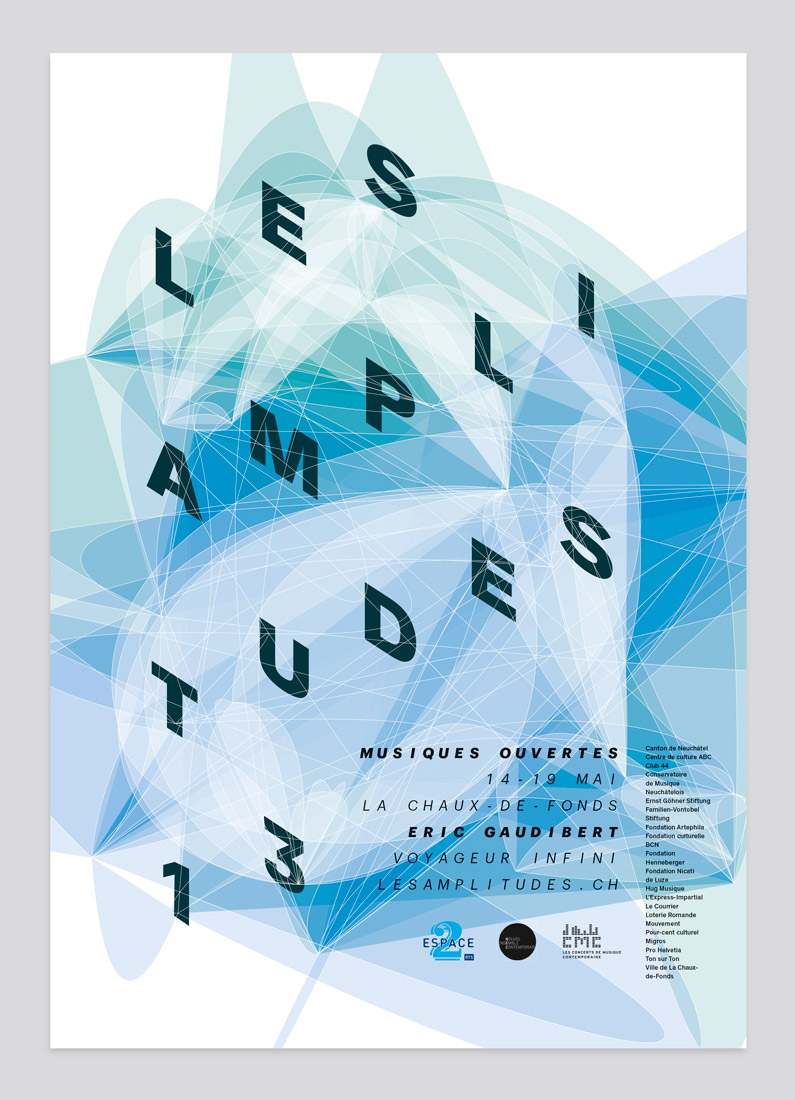 Les Amplitudes 13 - Affiche F4 - Typographie aérienne - Musiques ouvertes - Eric Gaudibert