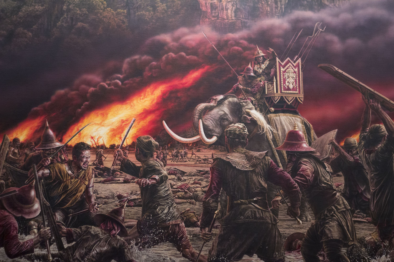 Battle, guerre, peinture, éléphant, combat, feu, peinture thaïlandaise, art, MOCA Bangkok