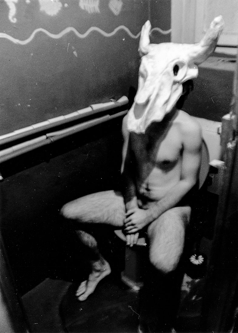 Portrait, homme sur toilettes, homme-animal, tête de taureau, nu